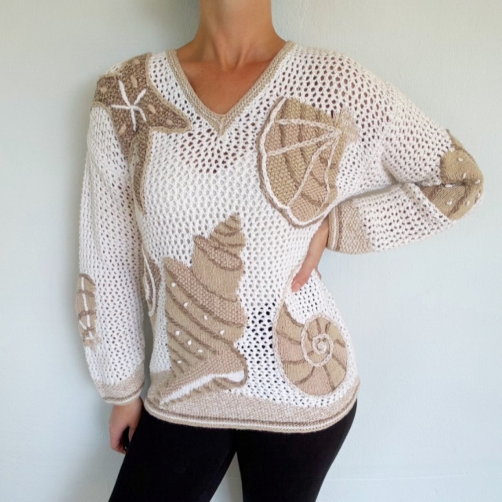 Vintage Sigrid Olsen white embroidered seashell knit cotton sweater size small